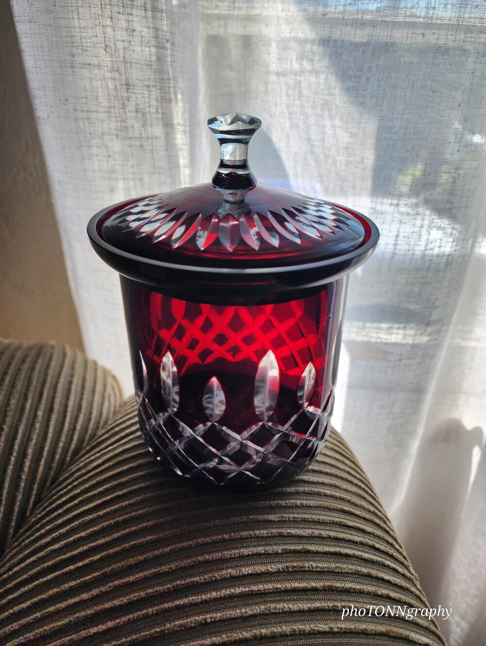 Vintage Bohemian Ruby Red Cut-to-Clear Crystal Glass Jar W/Lid